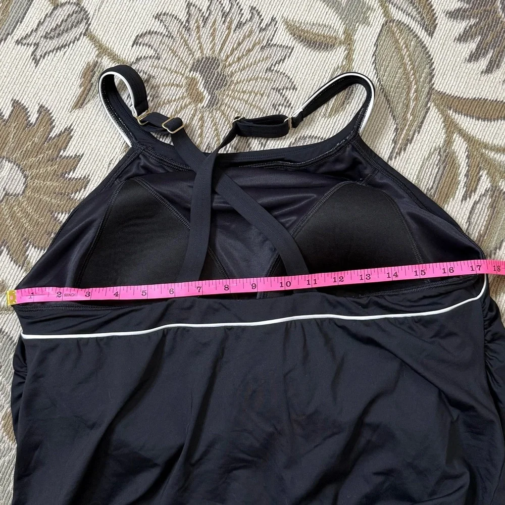 Lands End Swim Dress One Piece Swimsuit Swimdress High Neck Black White 16 DDD